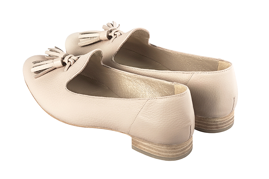 Champagne white women's loafers with pompons. Round toe. Flat leather soles. Rear view - Florence KOOIJMAN